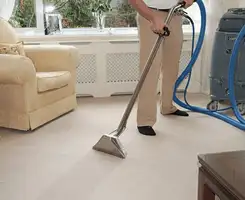 Carpet cleaning professional removing dirt and stains with a hot-water extraction tool in a home, Lakeland, FL.