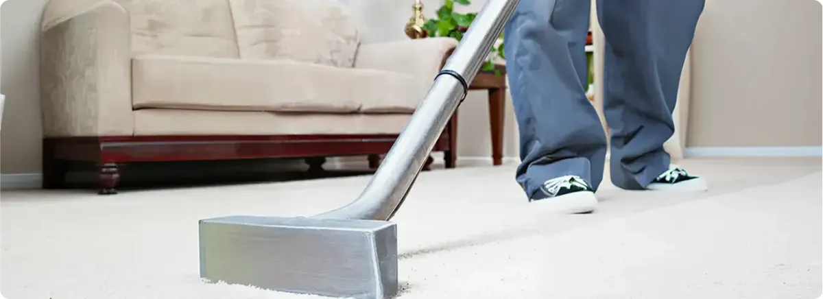 Carpet cleaning technician using a hot-water extraction wand on a light-colored carpet in a living room, Lakeland, FL.